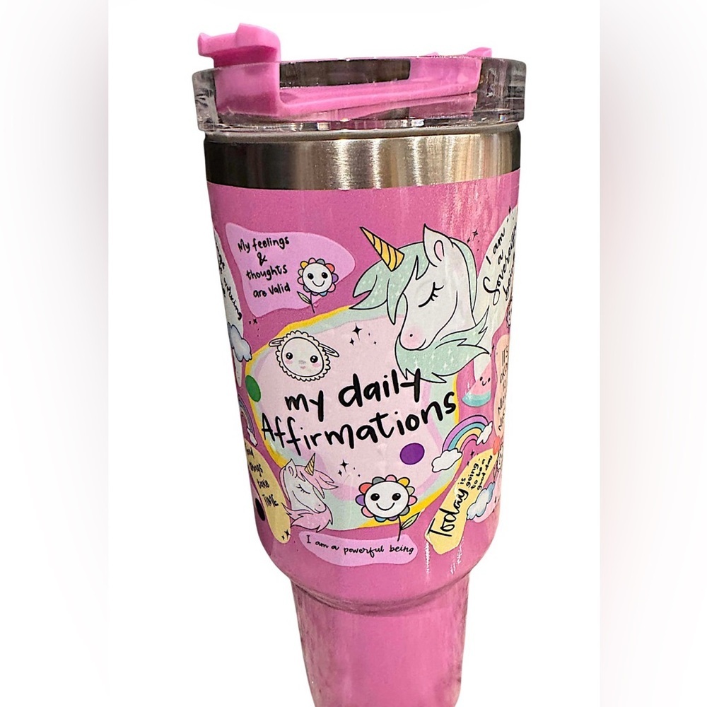 Pink Unicorn Affirmation Tumbler NEW in box with straw